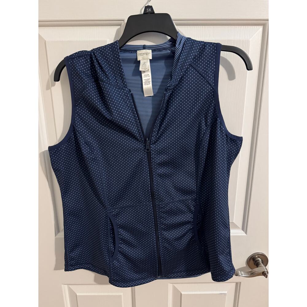 Chico's Zenergy Reversible Zip Hooded Vest Pockets Blue Dots Stripes Size 2 XL
